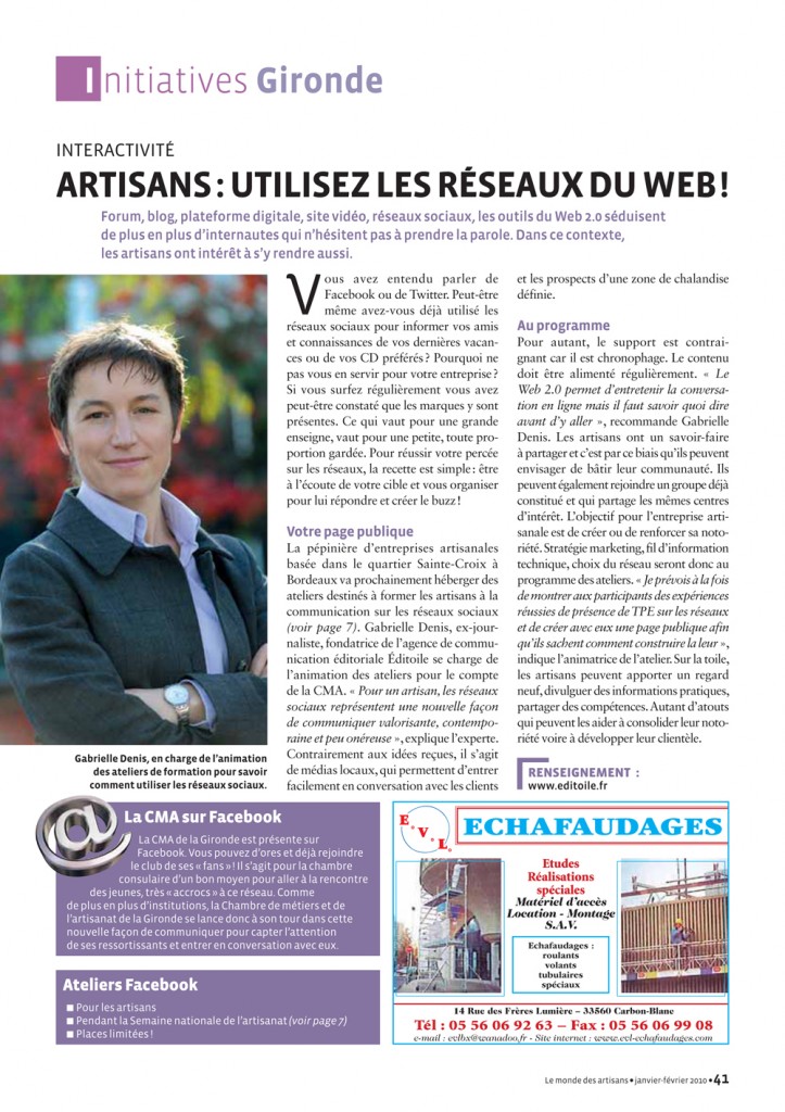 Le Monde des Artisans édition Gironde, "Interactivité", janvier-février 2010.